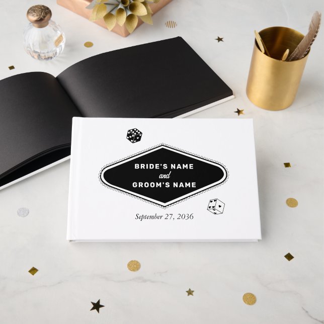 Las Vegas Casino Destination Wedding Black White Guest Book (Front Open)