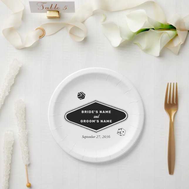 Las Vegas Casino Destination Wedding Black White Paper Plate (Wedding)