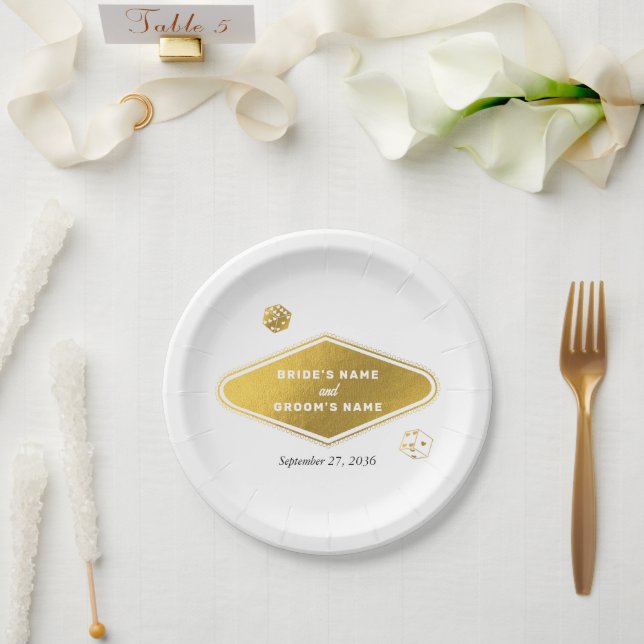 Las Vegas Casino Destination Wedding Gold Paper Plate (Wedding)