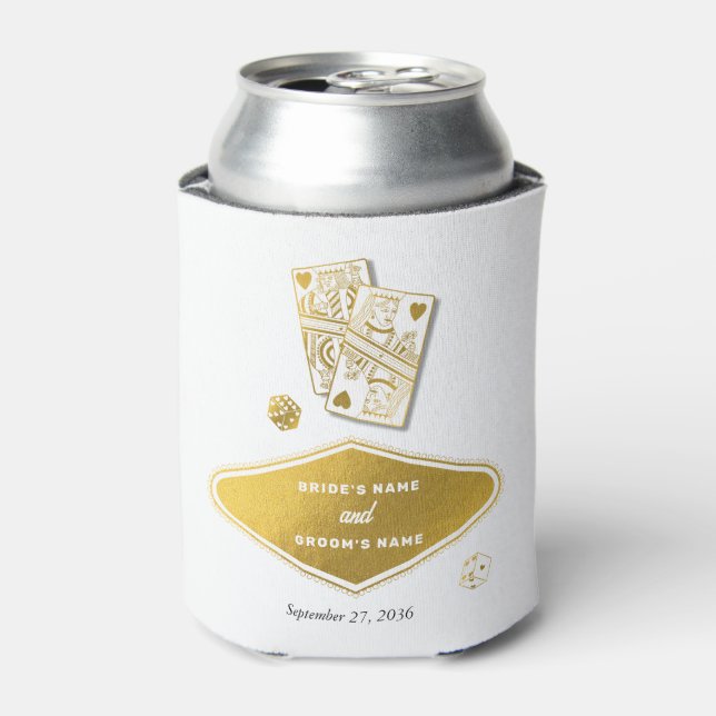 Las Vegas Casino Destination Wedding Gold White Can Cooler (Can Front)
