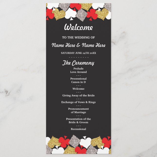 Las Vegas Casino Glitter Cards Wedding Program (Front)