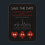Las Vegas Casino Skyline Wedding Save The Date Magnet<br><div class="desc">A fun and modern wedding Save the Date magnet to excite your guests for your wedding in Las Vegas! This Save the Date features casino red bold playing card suit graphics, a modern Las Vegas skyline rendering, and fully customisable font and text on graphite black background. Perfect for a trendy...</div>