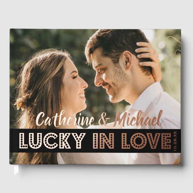 Las Vegas Casino Wedding Photo Black & Gold Guest Book (Front)