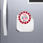 Las Vegas Casino Wedding Save The Date Magnet<br><div class="desc">This Poker Four Suits Pattern Lucky in Love wedding design is the perfect way to add a touch of luck and sophistication to your special day. Featuring a classic red , black and white poker pattern with four suits, this design is both elegant and playful. Personalise your wedding design with...</div>