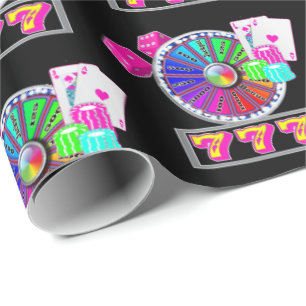 Las Vegas Casino Wheel, Blackjack, Dice Neon Wrapping Paper