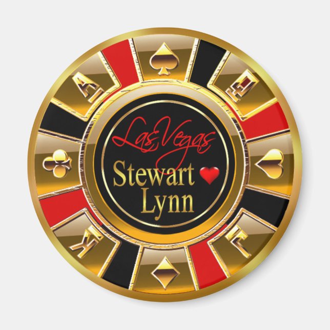 Las Vegas Deluxe Gold & Red Casino Chip Favour Magnet (Front)