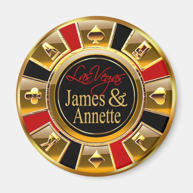 Las Vegas Deluxe Gold & Red Casino Chip Favour Magnet (Front)