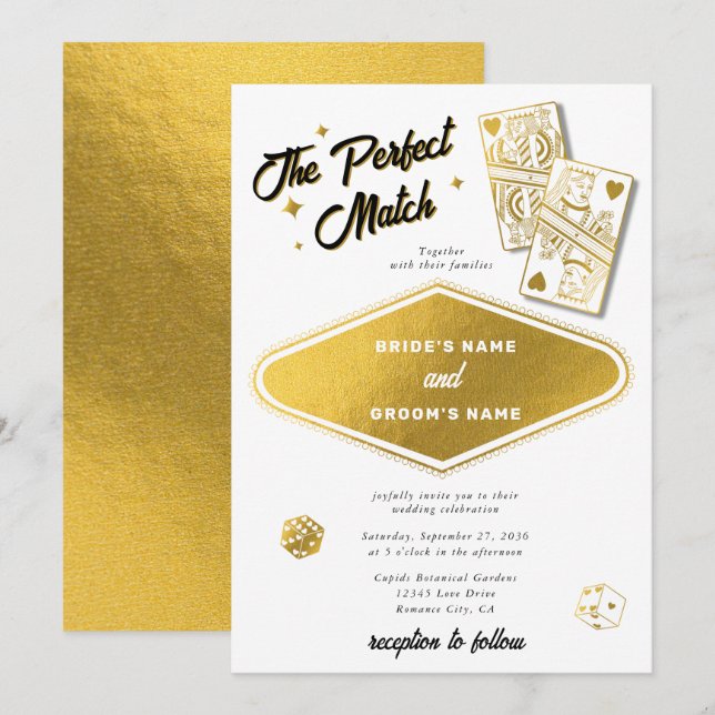 Las Vegas Destination Perfect Match Wedding Gold Invitation (Front/Back)