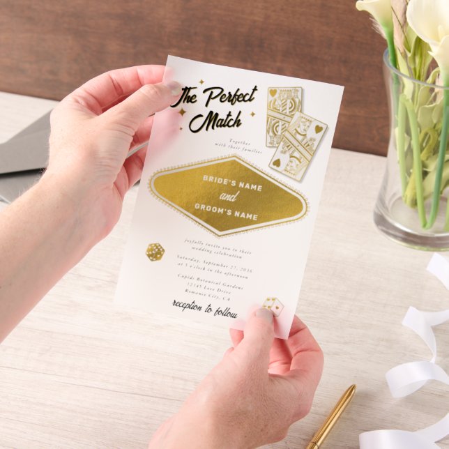 Las Vegas Destination Perfect Match Wedding Gold Vellum Invitations (Handheld)