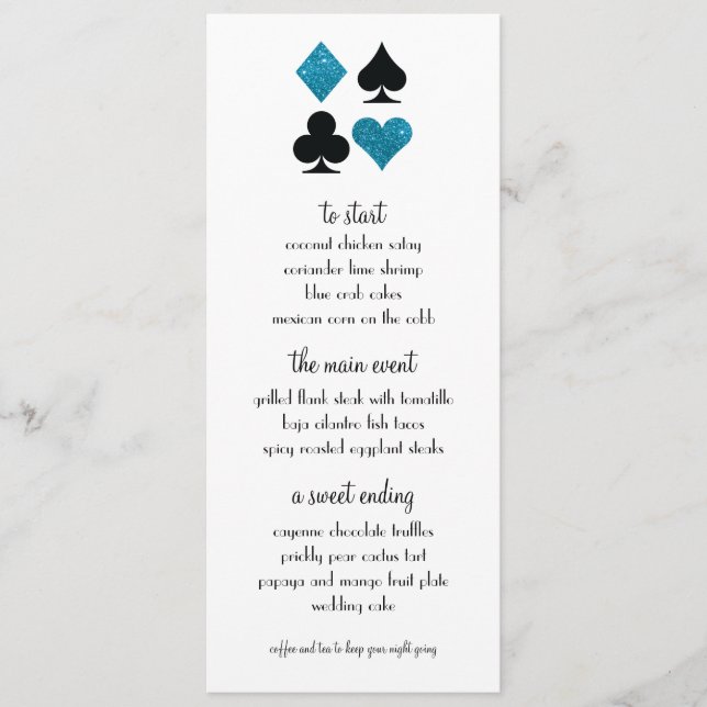 Las Vegas Destiny Blue Glitter Wedding Menu (Front)