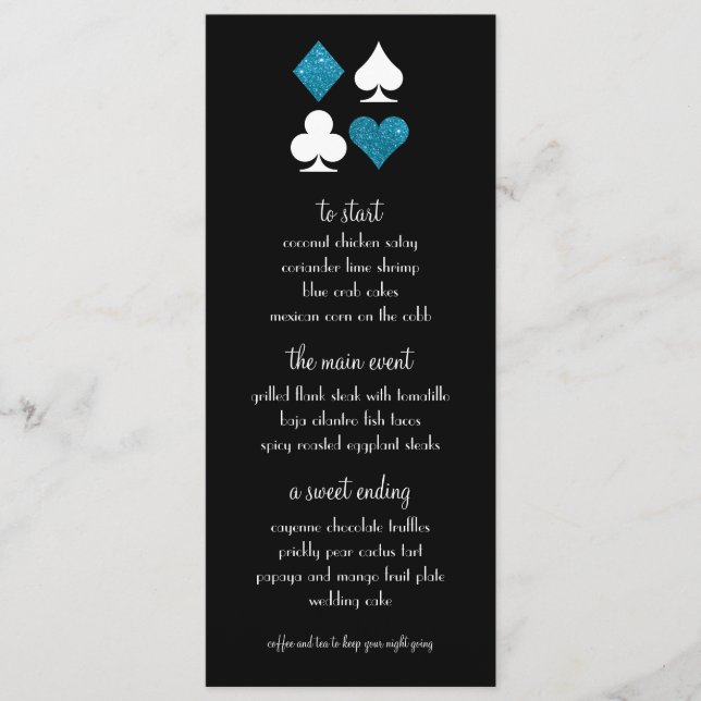 Las Vegas Destiny Blue Glitter Wedding Menu (Front)
