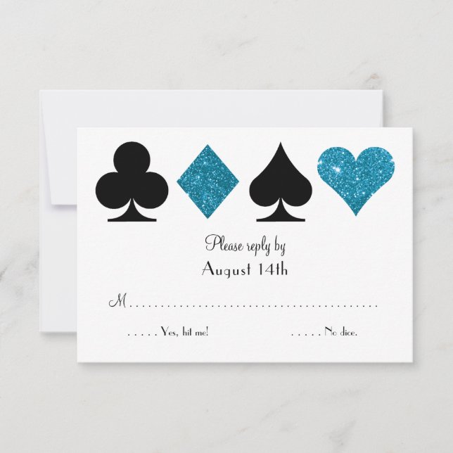 Las Vegas Destiny Wedding RSVP Turquoise Glitter Card (Front)