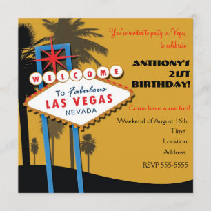 Las Vegas Golden Colour Birthday Party Invitations