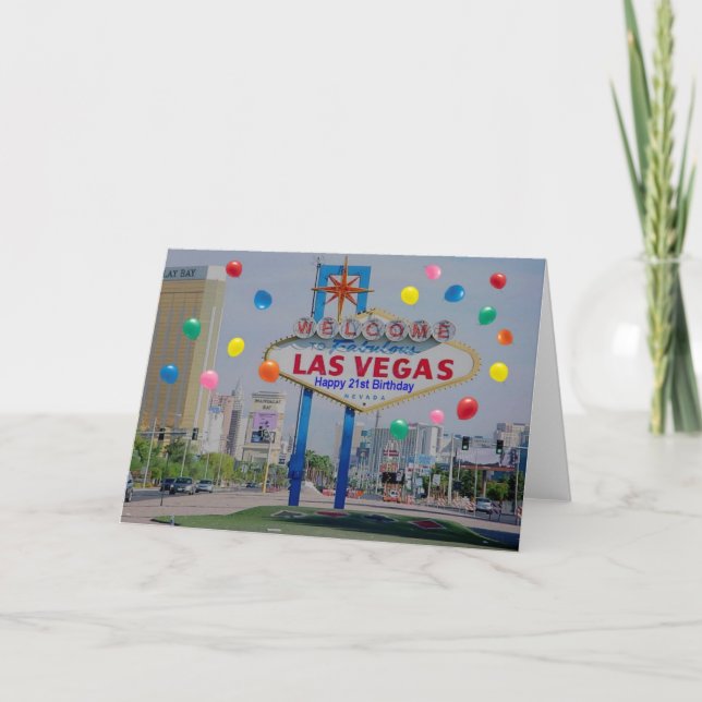 Las Vegas Happy 21st Birthday Card in Blue (Front)