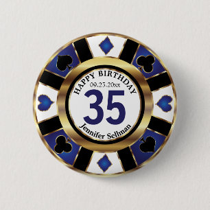 Las Vegas Happy Birthday in  Dark Blue Poker Chip 6 Cm Round Badge