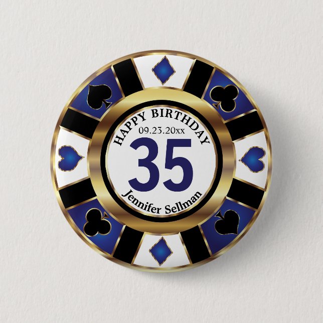 Las Vegas Happy Birthday in  Dark Blue Poker Chip 6 Cm Round Badge (Front)