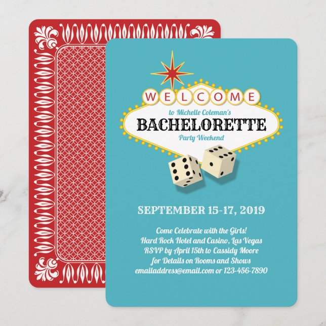 Las Vegas Marquee Bachelorette Party Teal Invitation (Front/Back)