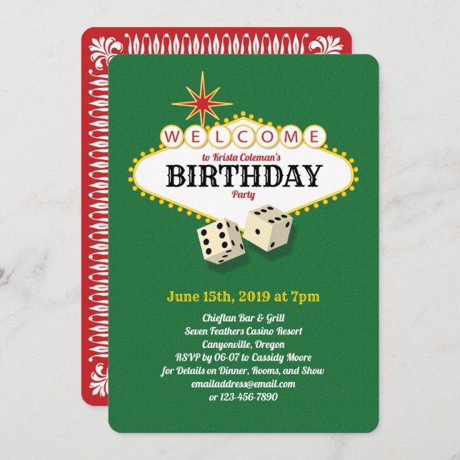 Las Vegas Marquee Birthday Party Green 2 Invitation (Front/Back)