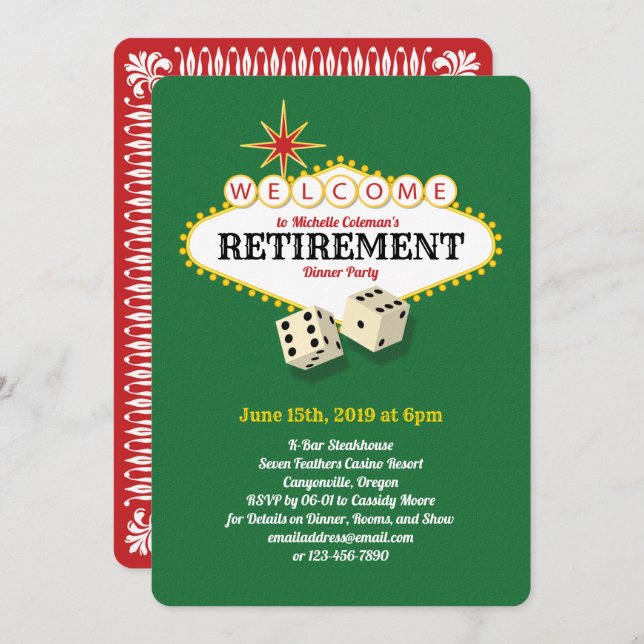 Las Vegas Marquee Retirement Party Green Invitation (Front/Back)
