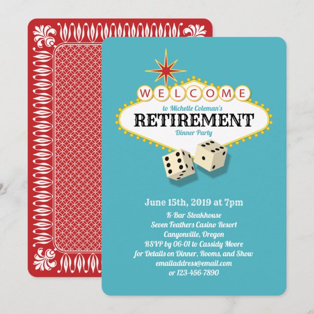 Las Vegas Marquee Retirement Party Teal Invitation (Front/Back)