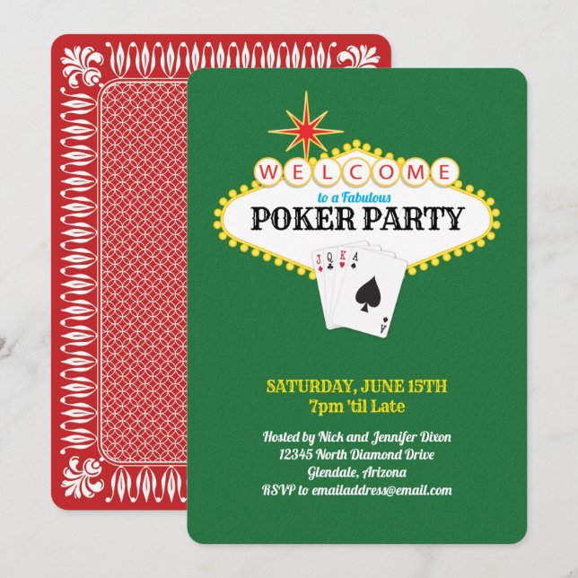 Las Vegas Marquee Sign Poker Party Green Invitation (Front/Back)