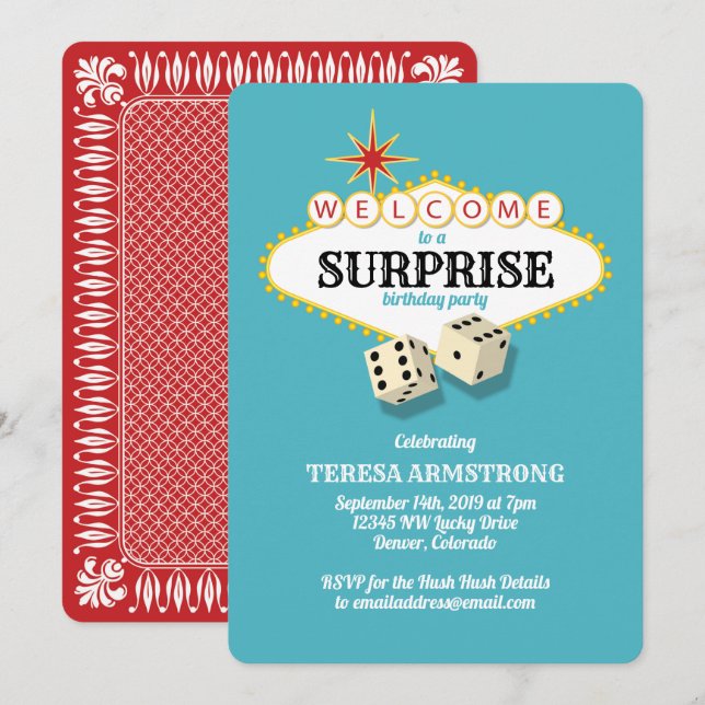 Las Vegas Marquee Surprise Birthday Party Teal Invitation (Front/Back)