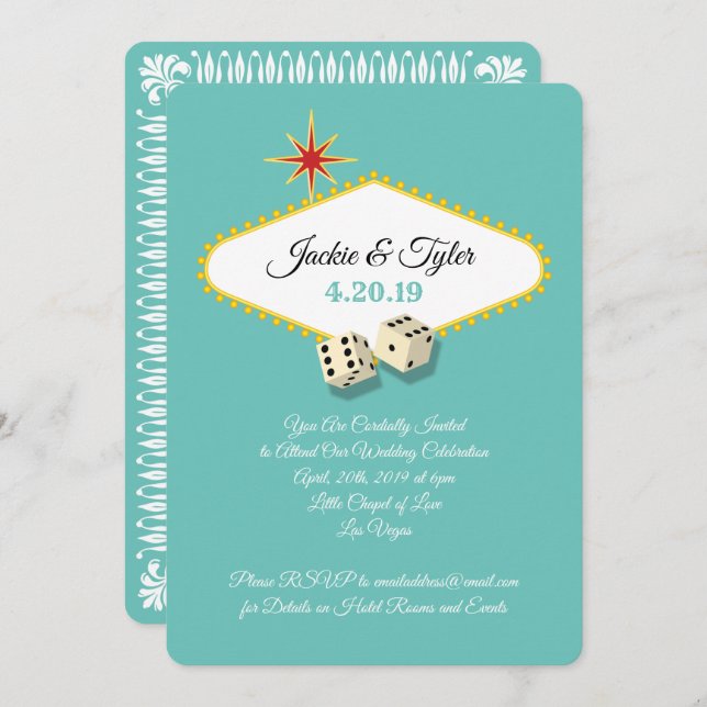 Las Vegas Marquee Wedding in Aqua Invitation (Front/Back)