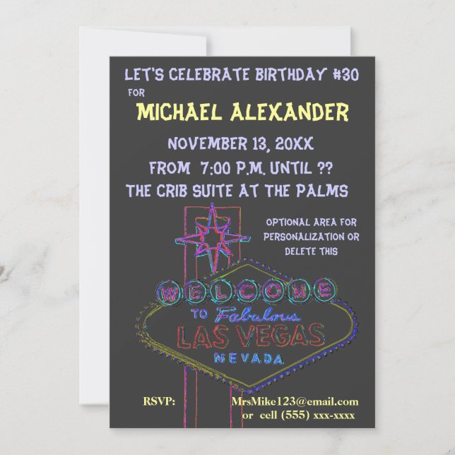 Las Vegas Neon Sign Birthday Bash Invitation (Front)