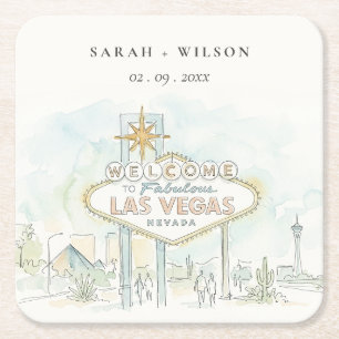 Las Vegas Nevada Watercolor Landscape Wedding Square Paper Coaster