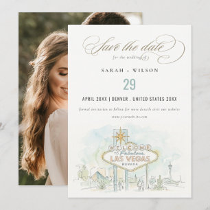Las Vegas Nevada Watercolor Scape Wedding Photo Save The Date