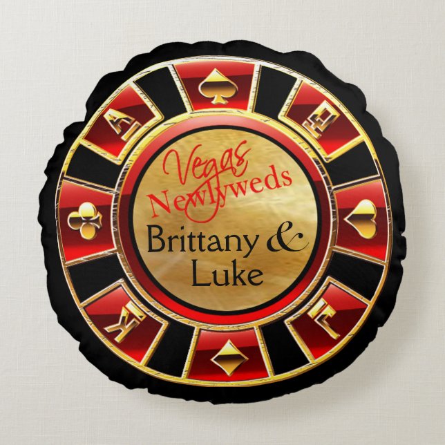 Las Vegas Newlyweds Casino Chip | red black gold Round Cushion (Front)