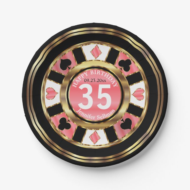 Las Vegas Poker Chip Coral Birthday Party Paper Plate (Front)