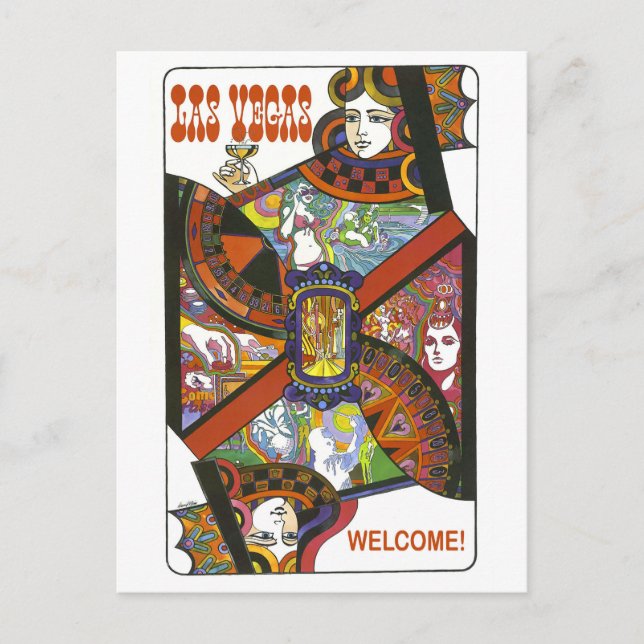 Las Vegas queen playing card, vintage travel Postcard (Front)