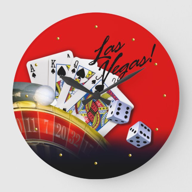 Las Vegas Roulette Wheel, Cards and Dice Large Clock (Front)