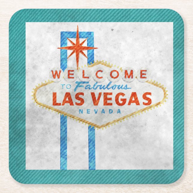 Las Vegas Sign Aqua Border Square Paper Coaster (Front)
