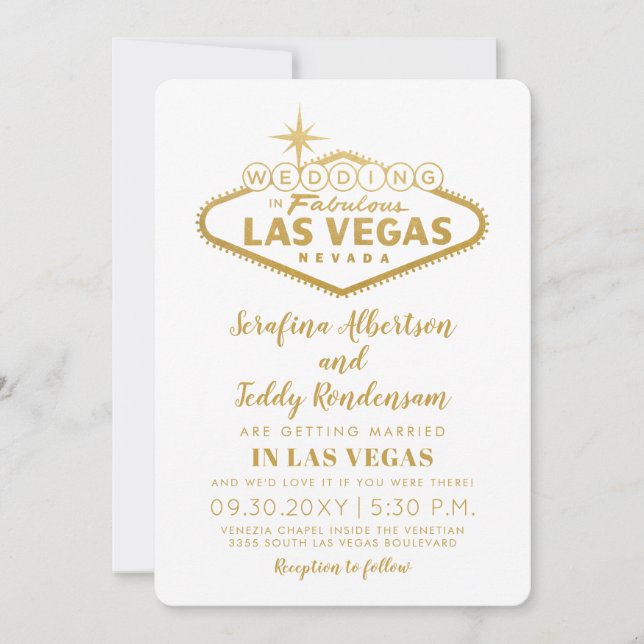 Las Vegas Sign in Gold White Wedding Invitation (Front)