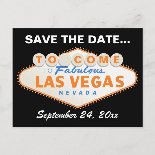 Las Vegas sign orange, black wedding Save the Date Announcement Postcard (Front)