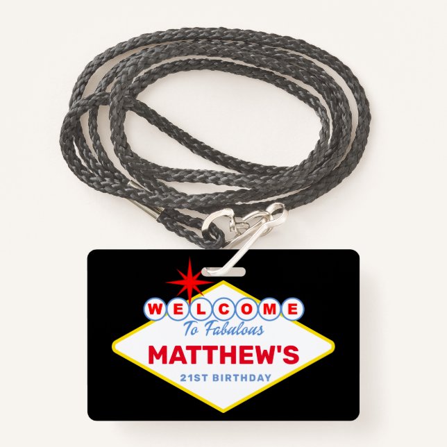 Las Vegas Sign VIP Pass Birthday Party Invitation ID Badge (Front with Lanyard)