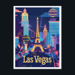 Las Vegas - Sin City After Dark Vintage Travel Postcard<br><div class="desc">Transport yourself to the vibrant lights and excitement of Las Vegas with this stunning vintage travel poster-style design. Featuring a stylised view of the city's iconic landmarks and casinos, this nighttime scene is brought to life with bright colours that punctuate the bustling energy of the city. Add a touch of...</div>