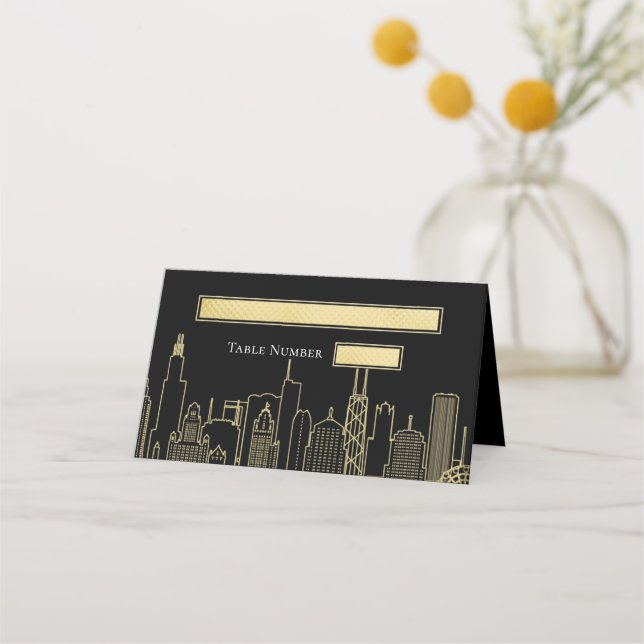 Las Vegas Skyline Buildings Black Gold Table Place Card (Front)