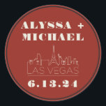 Las Vegas Skyline Casino Wedding  Classic Round Sticker<br><div class="desc">A fun and modern Las Vegas Skyline Casino round sticker for your event in Las Vegas! This custom round sticker features ivory cream Las Vegas skyline and fully customisable font and text on casino red background. Perfect for a trendy modern or classic traditional event - this elegant wedding sticker can...</div>
