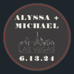 Las Vegas Skyline Casino Wedding  Classic Round Sticker<br><div class="desc">A fun and modern Las Vegas Skyline Casino round sticker for your event in Las Vegas! This custom round sticker features ivory cream Las Vegas skyline and fully customisable font and text on graphite black background. Perfect for a trendy modern or classic traditional event - this elegant wedding sticker can...</div>