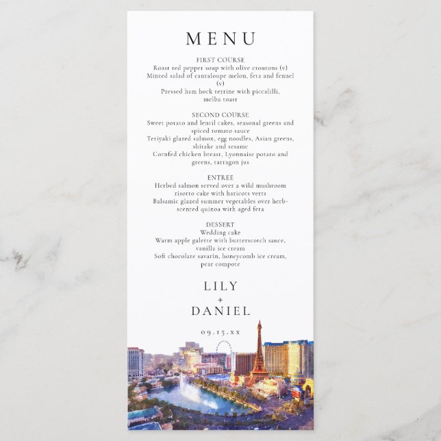 Las Vegas Skyline Watercolor Destination Wedding Menu (Front)