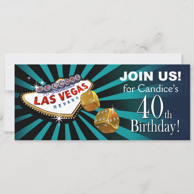 Las Vegas Starburst 40th Birthday teal gold black Invitation (Front)