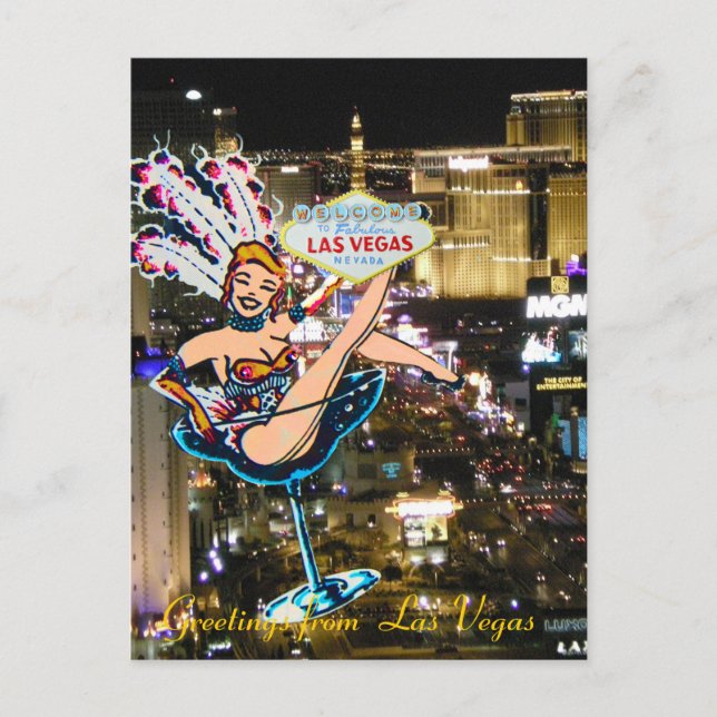 Las Vegas Strip, Showgirl, and Welcome Sign Postcard (Front)