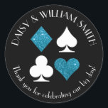 Las Vegas Theme Custom Text Malibu Blue Glitter Classic Round Sticker<br><div class="desc">Faux turquoise blue glitter and white card suits are circled by customisable text making these black,  round stickers perfect for all kinds of projects and occasions. Use them to label favours for wedding guests,  to close envelopes and more.</div>