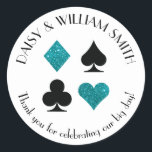Las Vegas Theme Custom Text Sticker Teal Glitter<br><div class="desc">Faux teal glitter and black card suits are circled by customisable text making these round stickers perfect for all kinds of projects and occasions. Use them to label favours for wedding guests,  to close envelopes and more.</div>