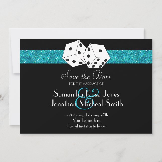 Las Vegas Theme Save the Date Teal Faux Glitter (Front)