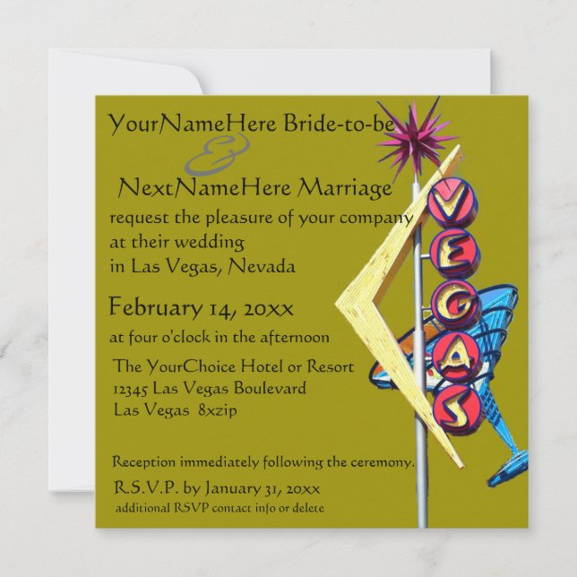 Las Vegas Wedding and Reception Olive Green Invitation (Front)