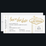 Las Vegas Wedding Boarding Pass Save the Date Card<br><div class="desc">Gold and white "Wedding in Las Vegas" on a boarding pass plane ticket save the date card. Guests adore getting these fun destination wedding save the dates! Nearly everything on the template can be changed when you click "customise further": text and background colours, fonts, layout - even swap the "wedding"...</div>